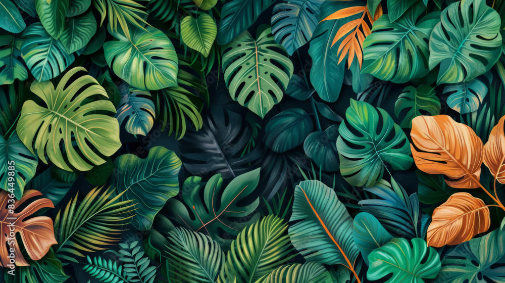Vibrant Tropical Leaf Pattern Background: Lush Jungle Foliage Illustration, Exotic Botanical Design, Colorful Nature Art, Green and Orange Leafy Decor Vibrant Tropical Leaf Pattern Background: Lush Jungle Foliage Illustration, Exotic Botanical Design, Colorful Nature Art, Green and Orange Leafy Decor