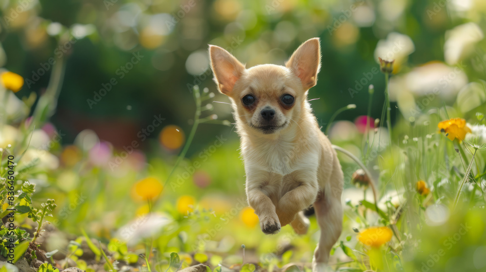 Chihuahua Puppy Running in a Flower Garden Chihuahua Puppy Running in a Flower Garden