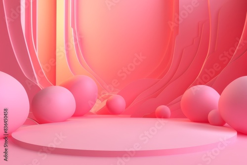 A modern abstract composition featuring geometric shapes in varying shades of pink, set against a smooth gradient background..