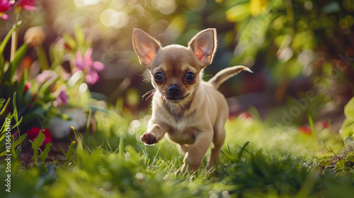 Chihuahua Puppy Running in a Flower Garden