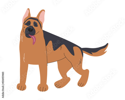 Cute sheepdog with tongue out. Domestic doggie in standing pose. European big breed. Service protection and emotional support dog. Canine character. German shepherd hand drawn flat vector illustration