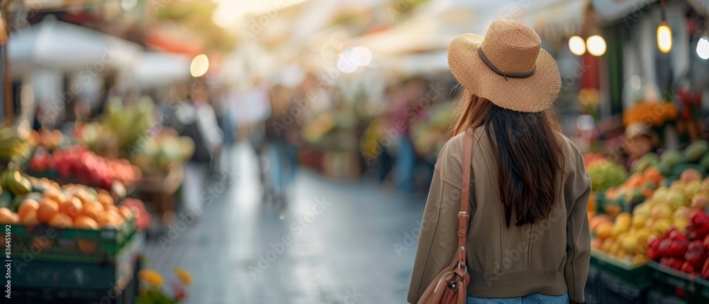 Naklejka premium Woman in straw hat exploring vibrant outdoor market with fresh fruits and vegetables on a sunny day.