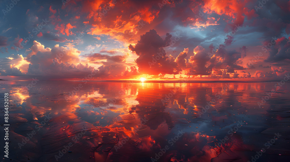 A nature sandbar during sunset, the sky ablaze with colors, and the water reflecting the hues