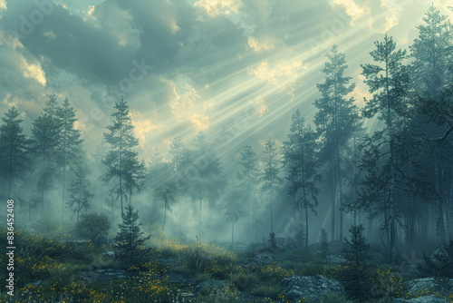 A misty morning in a pine forest with rays of light breaking through. Concept of mystery and nature. Generative Ai.