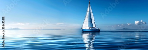sailing boat gliding on calm sea with beautiful coastline in the background, reflected in the clear blue sky and white clouds