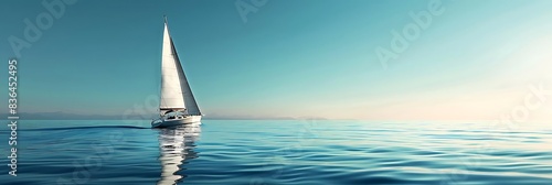 sailing boat gliding on calm sea with beautiful coastline in the background, reflected in the clear blue sky