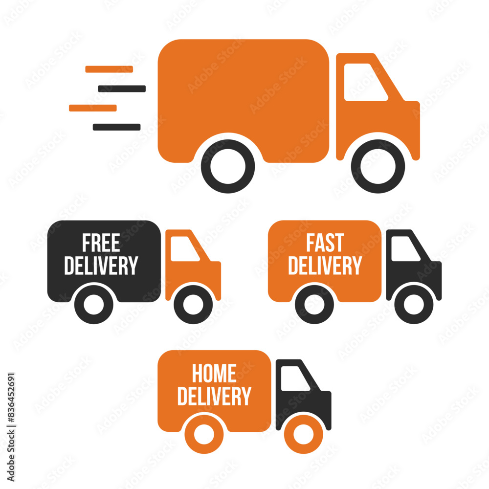 Set of delivery icons. Fast delivery. Free delivery. Home delivery trucks. Vector illustration set Set of delivery icons. Fast delivery. Free delivery. Home delivery trucks. Vector illustration set