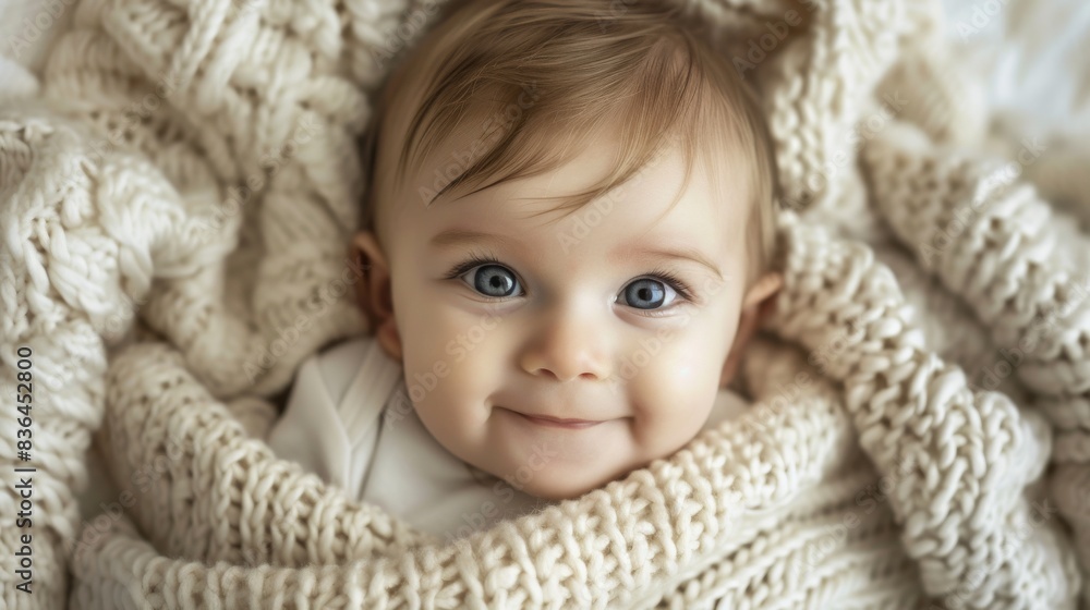 A Baby Smiles As It Is Wrapped Up in a Blanket on a Bed - Generative AI A Baby Smiles As It Is Wrapped Up in a Blanket on a Bed - Generative AI