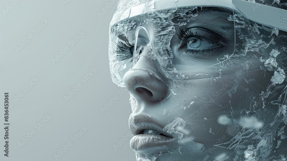Detailed digital collage showing a face with VR glasses, made from screen fragments. Detailed digital collage showing a face with VR glasses, made from screen fragments.