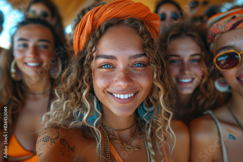 A group of friends taking a selfie at a music festival, capturing a moment of joy. Concept of social bonding and technology. Generative Ai. © Sebastian