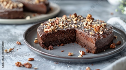 Brownie glazed cake with grated nuts on a gray textured plate with a light backdrop