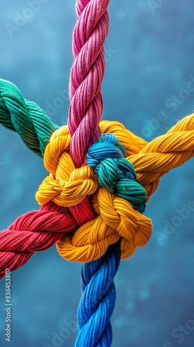 concept to improve cooperation, cohesion of colorful ropes in a team spirit strengthening project, created with generative AI technology