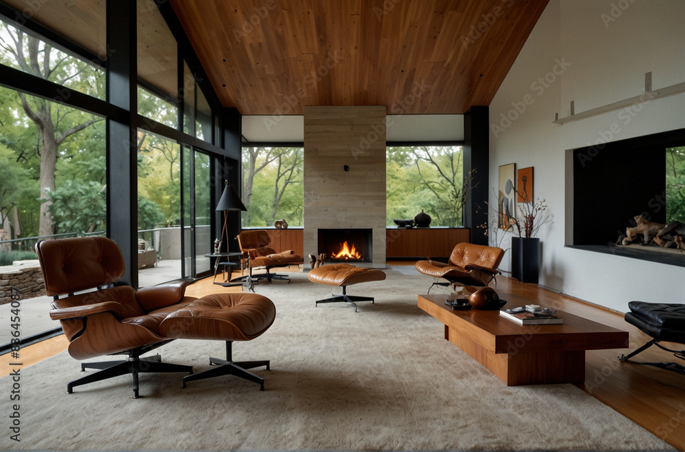 Fototapeta premium Mid-Century Modern Living Room with Armchairs and Fireplace