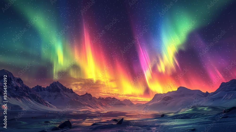 Brilliant aurora borealis in vibrant yellow, purple, and green, arching across the sky over dramatic mountain ranges. Brilliant aurora borealis in vibrant yellow, purple, and green, arching across the sky over dramatic mountain ranges.