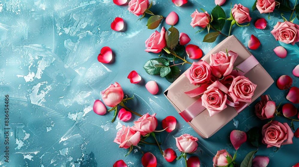 A Valentine's Day Banner Featuring a Gift Box and a Bouquet of Roses A Valentine's Day Banner Featuring a Gift Box and a Bouquet of Roses