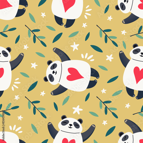 vector seamless pattern of panda bear, cute cartoon panda 