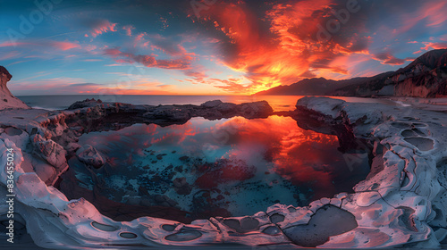 A nature tide pool during sunset, the sky ablaze with colors, and the water reflecting the hues photo