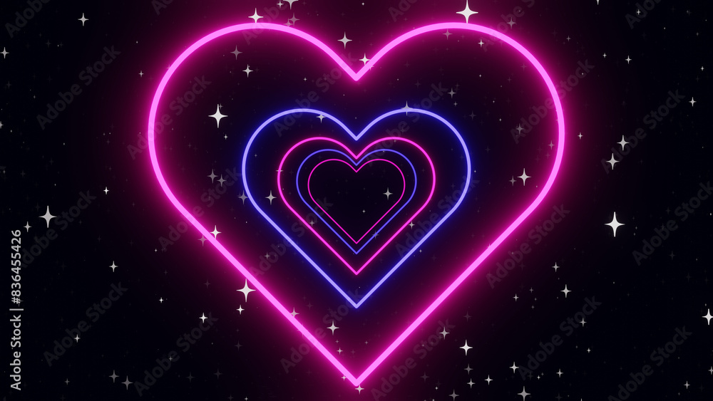 Fototapeta premium 3d neon glowing heart tunnel in pink and blue colors. LGBT Pride bisexual Valentines day Love disco music template. Futuristic space with shine stars. Illustration 8k