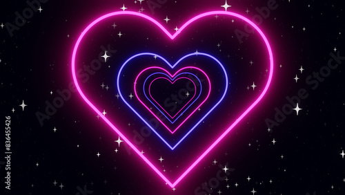 Fototapeta Naklejka Na Ścianę i Meble -  3d neon glowing heart tunnel in pink and blue colors. LGBT Pride bisexual Valentines day Love disco music template. Futuristic space with shine stars. Illustration 8k
