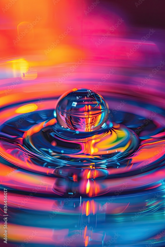 Water droplet on a CD, reflecting a rainbow of colors. This high ...