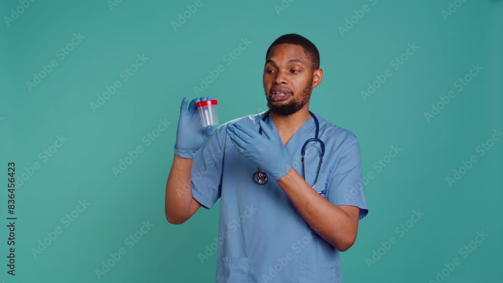 Portrait of male nurse holding blood sample container, doing medical investigation for sick patient, isolated over studio background. Hospital staff member with microbiology test tube, camera B Portrait of male nurse holding blood sample container, doing medical investigation for sick patient, isolated over studio background. Hospital staff member with microbiology test tube, camera B