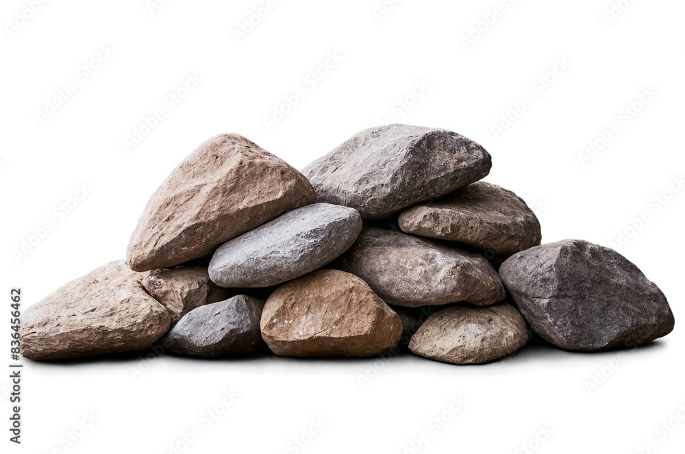 A collection of various sized rocks neatly piled, isolated on a transparent, white background as a png A collection of various sized rocks neatly piled, isolated on a transparent, white background as a png