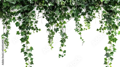 Lush green tropical creeper border hanging, isolated on clear backdrop.