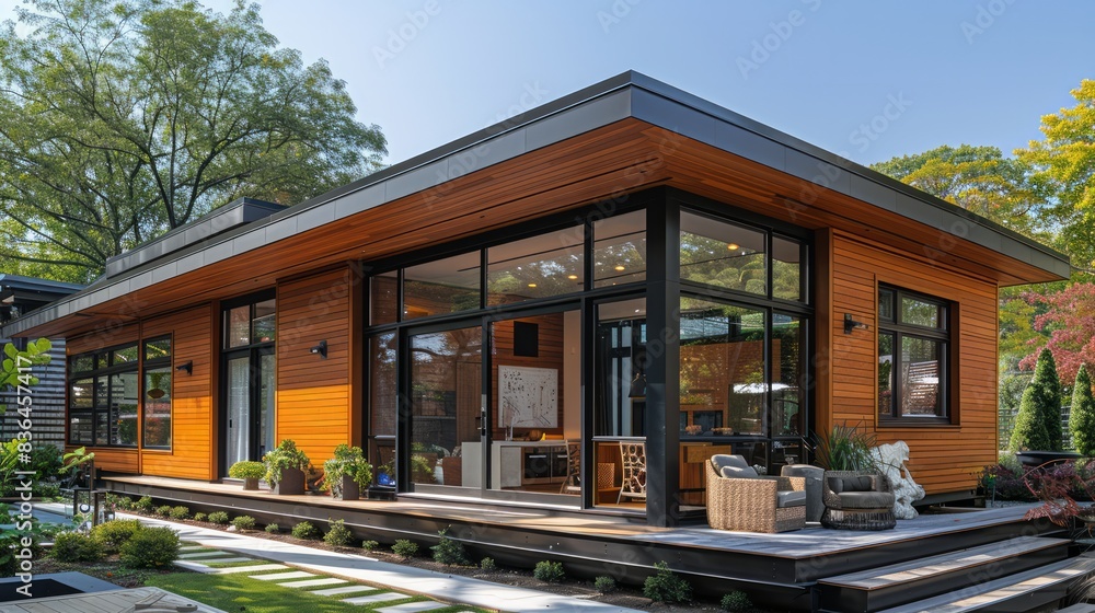 View of the exterior of a luxury tiny house with intricate wooden paneling, large glass windows, and a sleek modern design. View of the exterior of a luxury tiny house with intricate wooden paneling, large glass windows, and a sleek modern design.