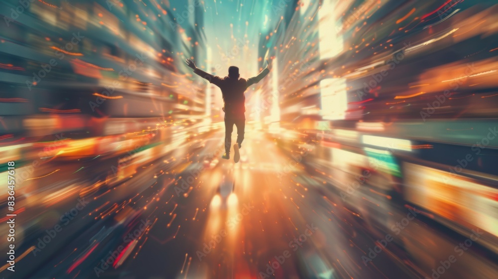 A man in a city with arms outstretched and his head up, AI A man in a city with arms outstretched and his head up, AI