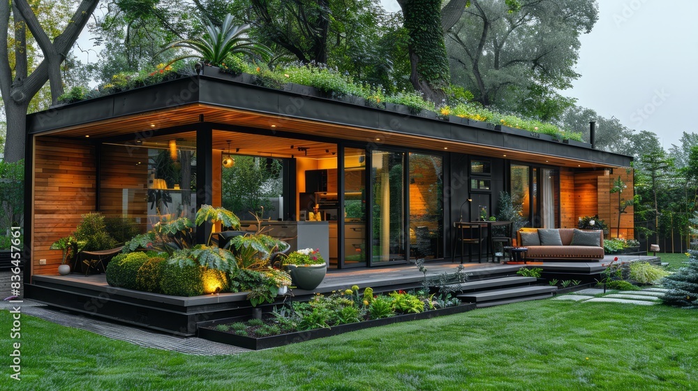 View of the exterior of a luxury tiny house with intricate wooden paneling, large glass windows, and a sleek modern design. View of the exterior of a luxury tiny house with intricate wooden paneling, large glass windows, and a sleek modern design.