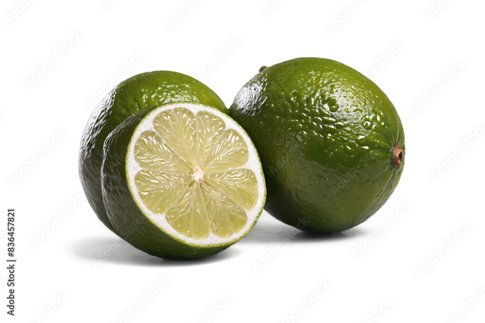 Two fresh limes, one cut in half to reveal the juicy interior, placed on a transparent white background, perfect for png use Two fresh limes, one cut in half to reveal the juicy interior, placed on a transparent white background, perfect for png use