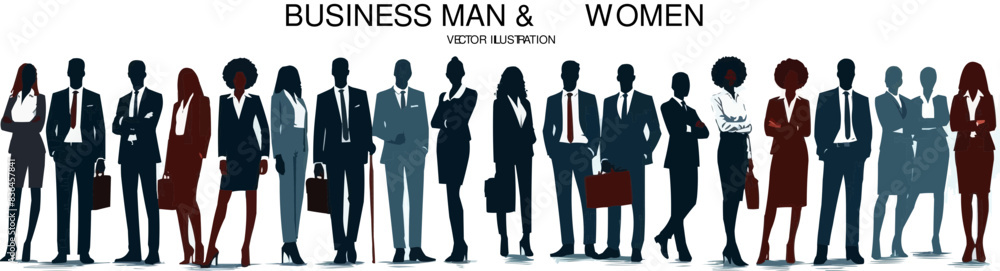 Illustrations of business people. Silhouettes of diverse business people standing, men and women full length. Vector illustration Illustrations of business people. Silhouettes of diverse business people standing, men and women full length. Vector illustration