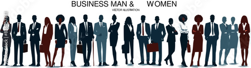 Illustrations of business people. Silhouettes of diverse business people standing, men and women full length. Vector illustration