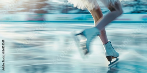 A close-up of a figure skater spinning on ice, with motion blur emphasizing the speed and grace