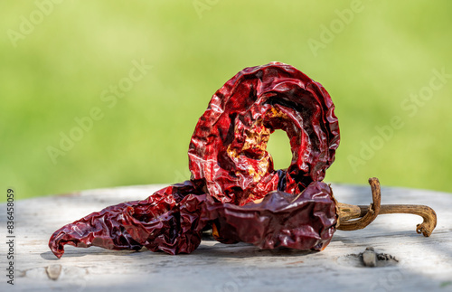 Artistic photo of two dry red peppers on a wooden background and blurred green background. Concept art.