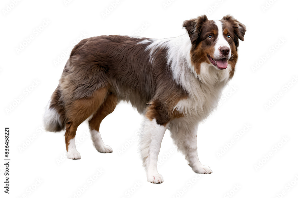A brown and white dog stands in a side profile view, its face blurred, on a transparent, white background, png A brown and white dog stands in a side profile view, its face blurred, on a transparent, white background, png
