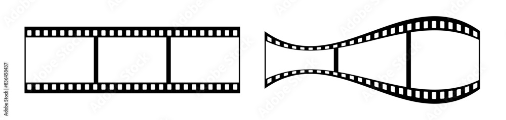 35mm motion picture blank filmstrip vector design with 3 frames on white background. Black film reel symbol illustration to use for photography, television, cinema, photo frame. 35mm motion picture blank filmstrip vector design with 3 frames on white background. Black film reel symbol illustration to use for photography, television, cinema, photo frame.