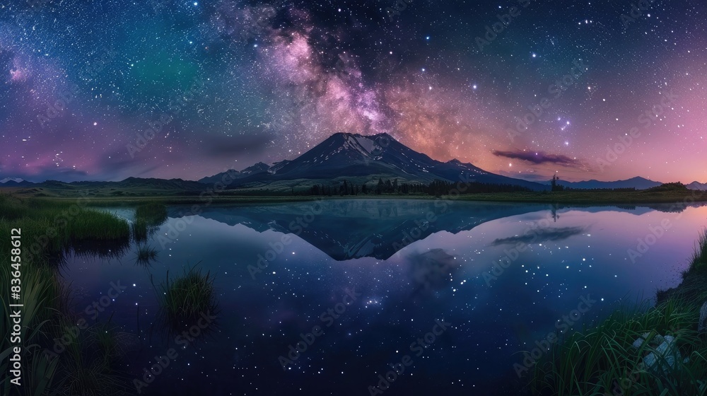 Beautiful panoramic view of Milky Way galaxy with reflection in lake at night time, stars and sky over grassy field near mountain