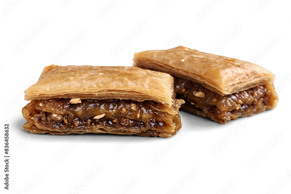 Golden, flaky baklava pastries, with visible nuts and syrup, ideal for transparent, png use on a white background Golden, flaky baklava pastries, with visible nuts and syrup, ideal for transparent, png use on a white background