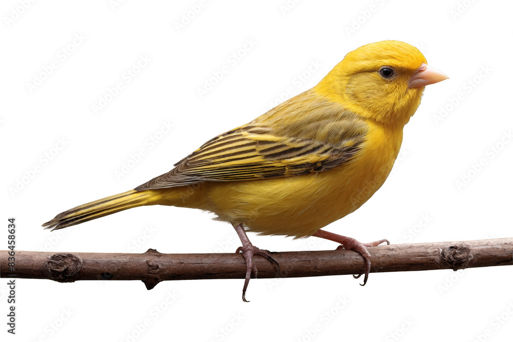 An adorable yellow canary perched on a branch, rendered with transparent effects ideal for a png on a white background An adorable yellow canary perched on a branch, rendered with transparent effects ideal for a png on a white background