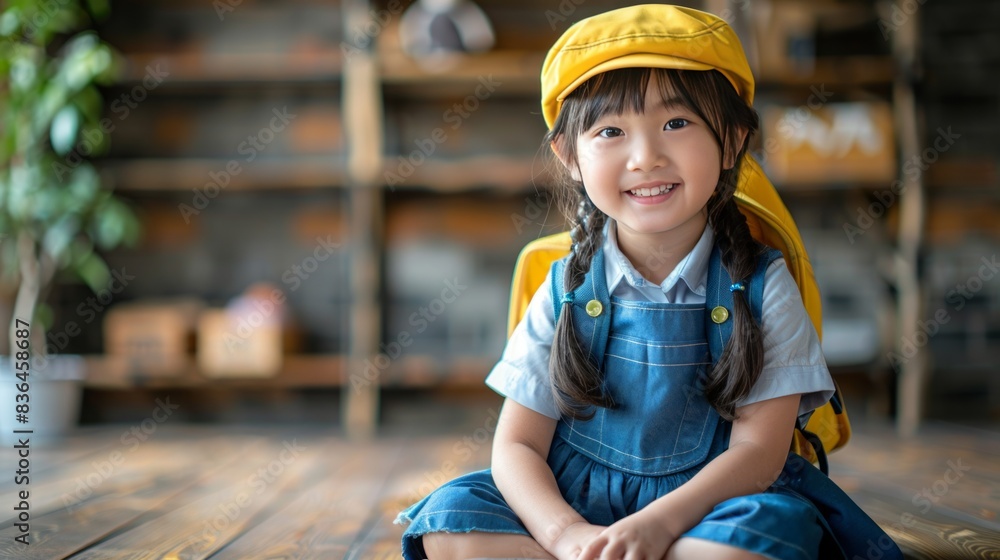 Little Asian girl sitting on the floor on a sunny summer day. Wear a blue school uniform, a yellow hat and a backpack. She smiled happily. She glows on the wooden background. Little Asian girl sitting on the floor on a sunny summer day. Wear a blue school uniform, a yellow hat and a backpack. She smiled happily. She glows on the wooden background.