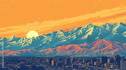  Boise with mountains and city, retro graphic decor, tranquil light emanates from liquid flux