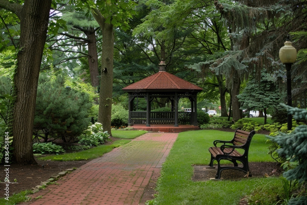 beautiful park with red brick path, gazebo and bench in the distance.