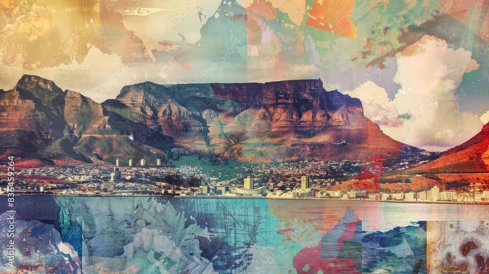 Fototapeta premium Collage of Cape Town with Table Mountain, retro print styles, soft brilliance flows within liquid paths