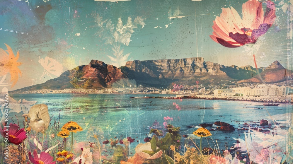 Fototapeta premium Collage of Cape Town with Table Mountain, vintage holiday graphics, soft shimmer arises from aqueous paths
