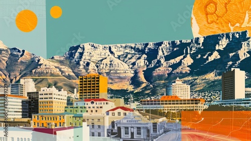  Collage of Cape Town with Table Mountain, mid-century design, subdued brilliance emanates from fluid lines