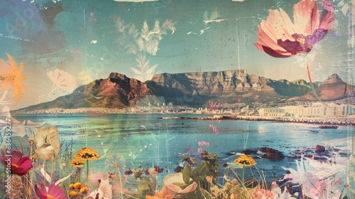  Collage of Cape Town with Table Mountain, vintage holiday graphics, soft shimmer arises from aqueous paths