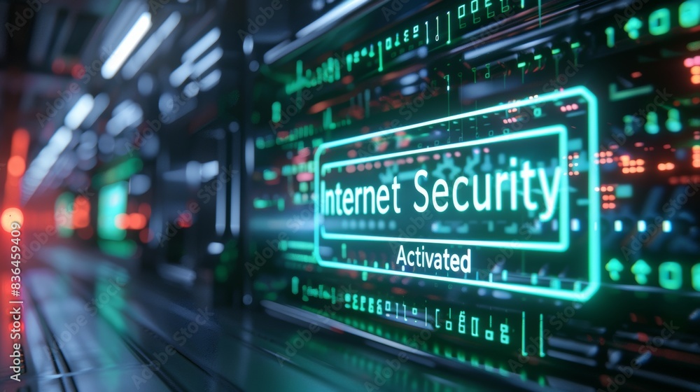Fototapeta premium A close up of a computer screen with the words internet security, AI