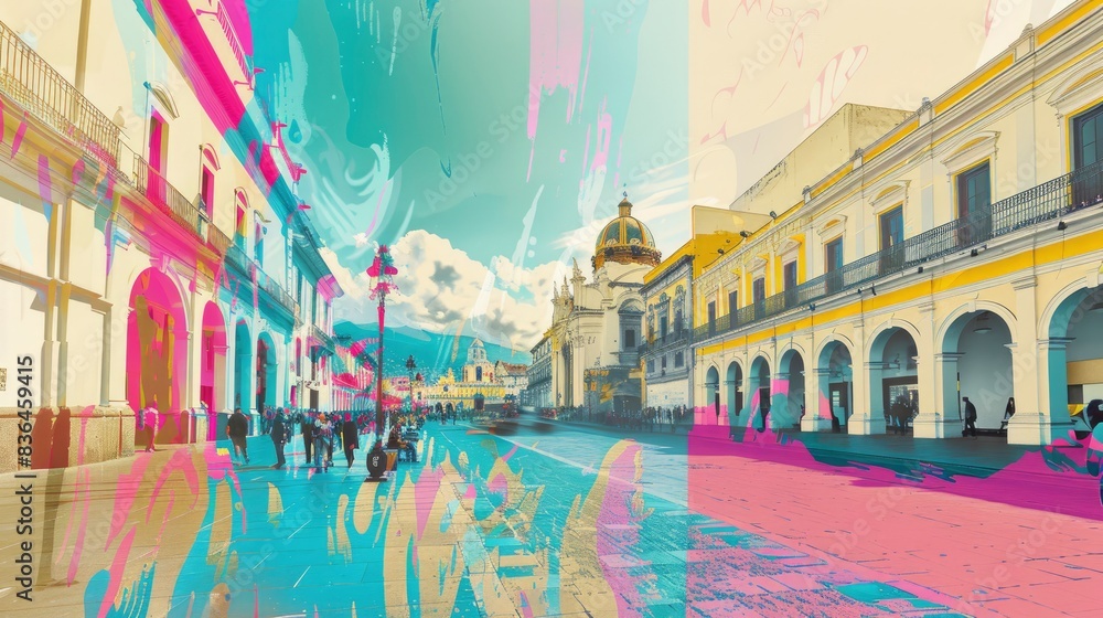 Fototapeta premium Collage of Lima with Plaza Mayor, retro color palettes, peaceful light pulses within liquid tides