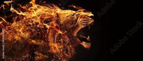 A majestic lion formed entirely of roaring flames photo